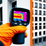 **

A building inspector using a thermal camera to examine a wall. Show the thermal image overlay highlighting heat loss. Focus on the contrast between the exterior and interior wall temperatures. Moscow apartment building in the background.

**