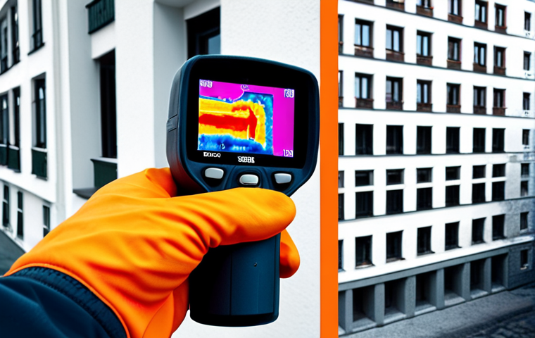 **
A building inspector using a thermal camera to examine a wall. Show the thermal image overlay highlighting heat loss. Focus on the contrast between the exterior and interior wall temperatures. Moscow apartment building in the background.
**