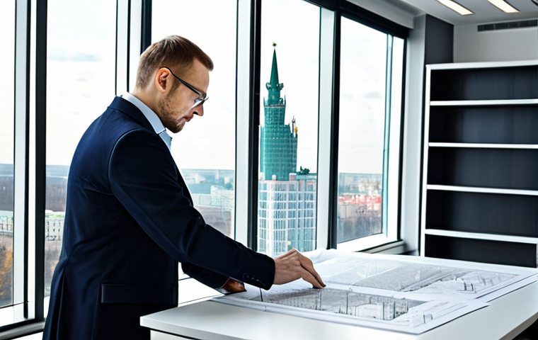 건축평가사의 직업적 성취를 극대화하는 방법 - Modern Office Interior**
"A professional architect in a fully clothed, modest business attire, revi...