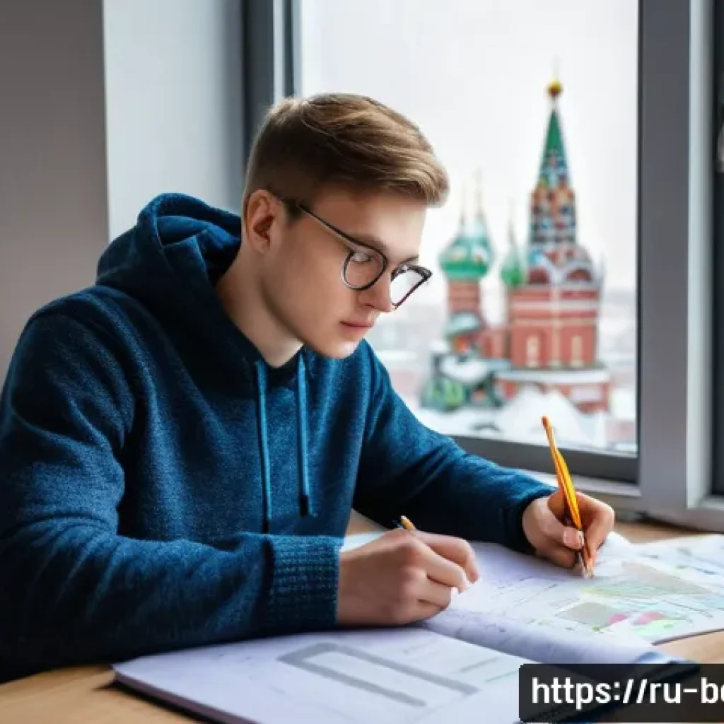 건축평가사 자격증 취득을 위한 스터디 플랜 - A focused young adult Russian student sitting at a neat, minimalist desk in a cozy, well-lit study r...