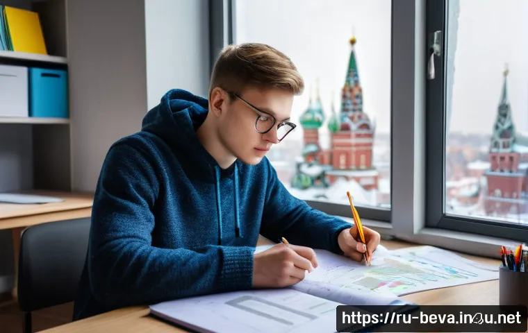 건축평가사 자격증 취득을 위한 스터디 플랜 - A focused young adult Russian student sitting at a neat, minimalist desk in a cozy, well-lit study r...