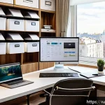 Home 20 건축평가사의 재택근무 경험 - A modern, well-organized remote real estate appraisal workspace set in a cozy Moscow apartment, feat...