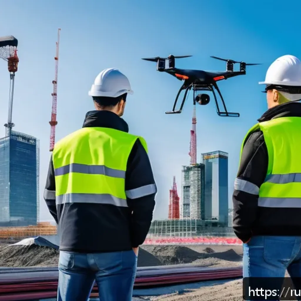 건축평가사의 데이터 분석 기술 향상 - A high-tech construction site scene in Russia featuring a team of diverse building experts using adv...