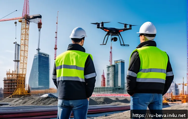 건축평가사의 데이터 분석 기술 향상 - A high-tech construction site scene in Russia featuring a team of diverse building experts using adv...