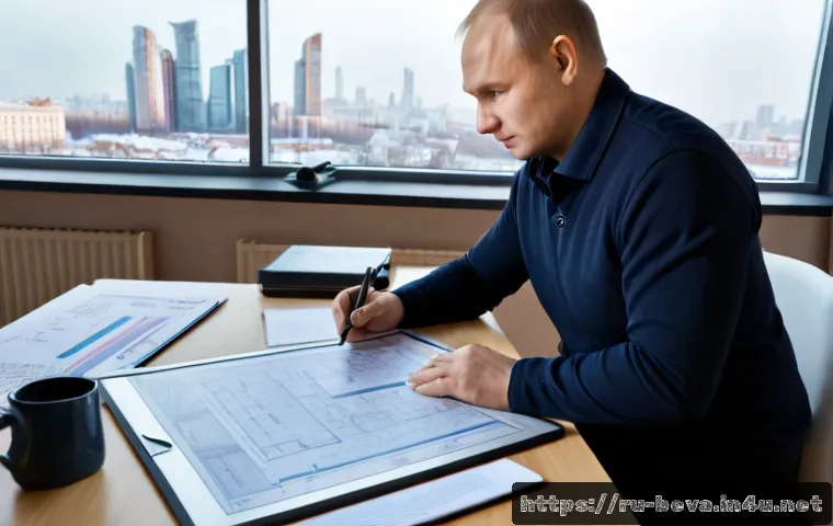 건축평가사의 문제 해결 사례 연구 - Photorealistic architectural appraisal case study scene in a modern Russian office, experienced prop...